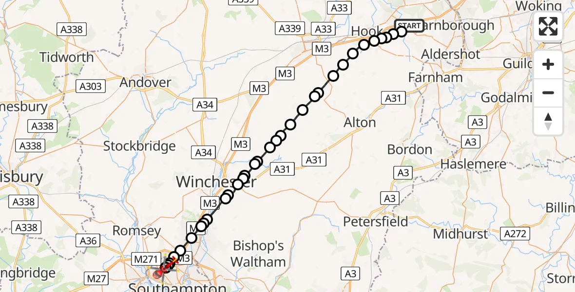 Flight path map showing Air Ambulance Helicopter route from Fleet to University Hospital Southampton