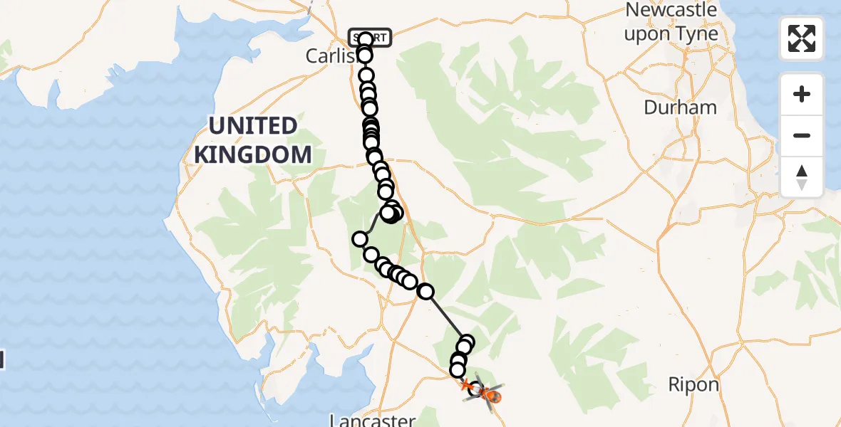 Flight path map showing Coastguard Helicopter route from Carlisle Lake District Airport to Austwick