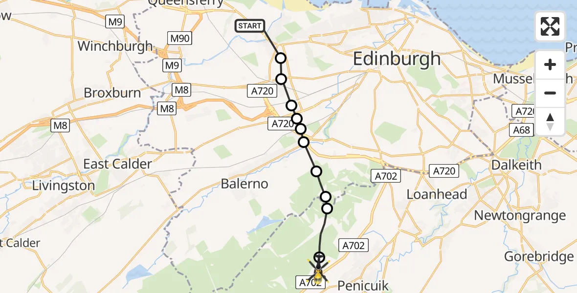 Routekaart van de vlucht: Police Helicopter to Penicuik, Old Kirk Road