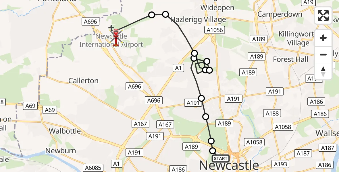 Flight path map showing Air Ambulance Helicopter route from Newcastle Royal Victoria Infirmary to Newcastle International Airport