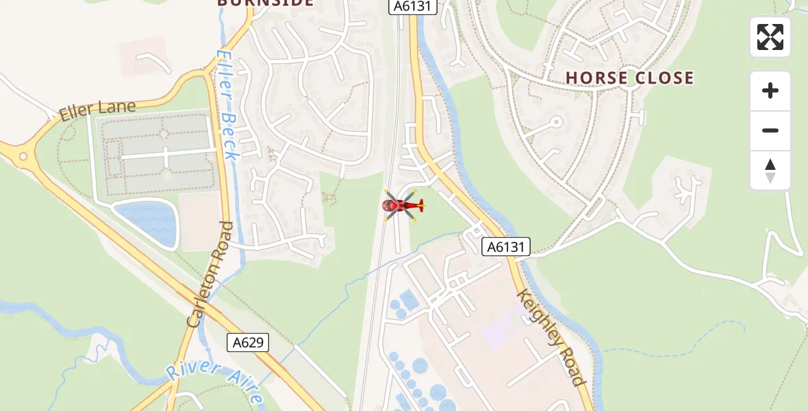Flight path map showing Air Ambulance Helicopter route from Skipton to Skipton