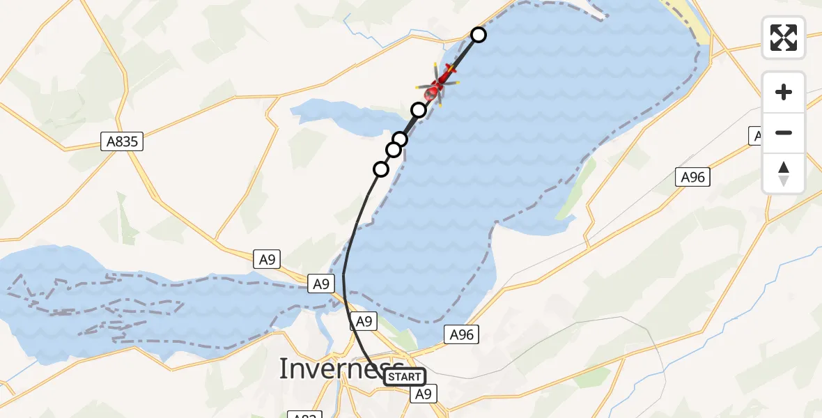 Flight path map showing Air Ambulance Helicopter route from Inverness to Avoch