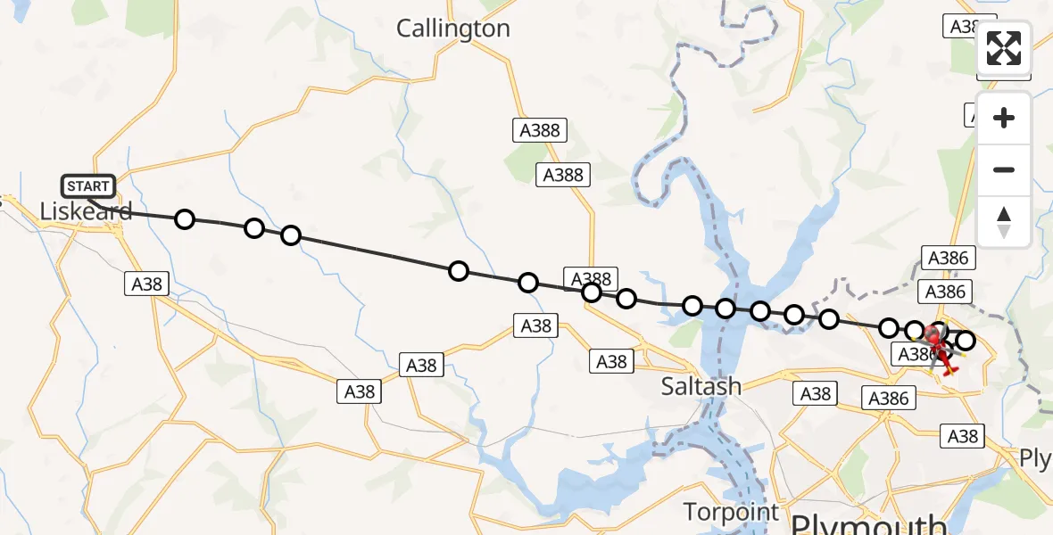 Flight path map showing Air Ambulance Helicopter route from Liskeard to Derriford Hospital