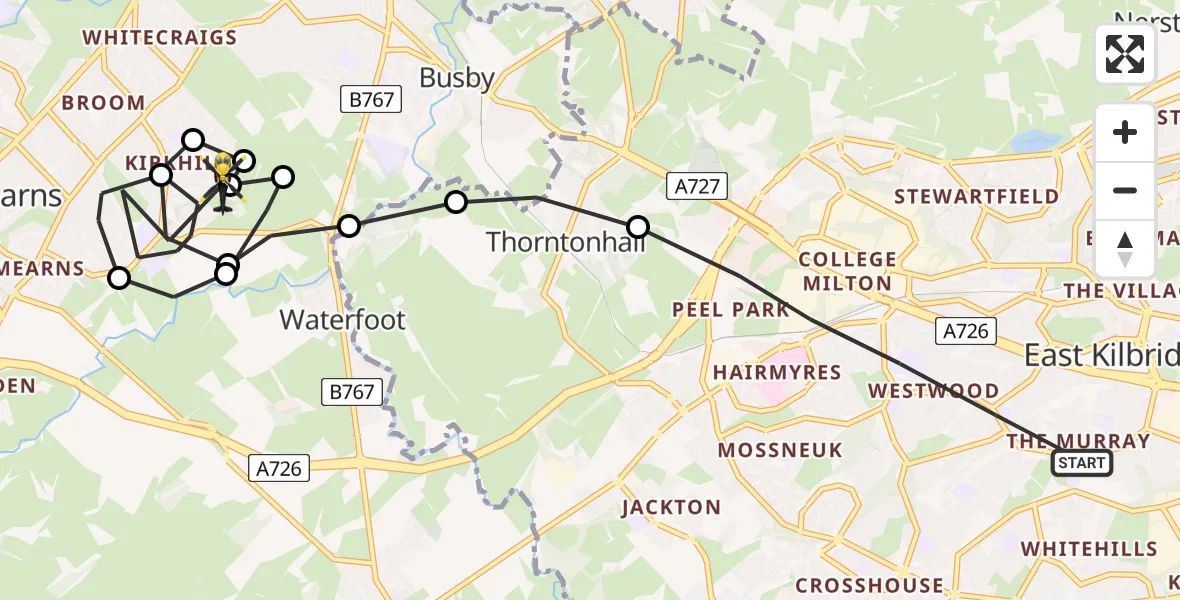 Flight path map showing Police Helicopter route from East Kilbride to Waterfoot