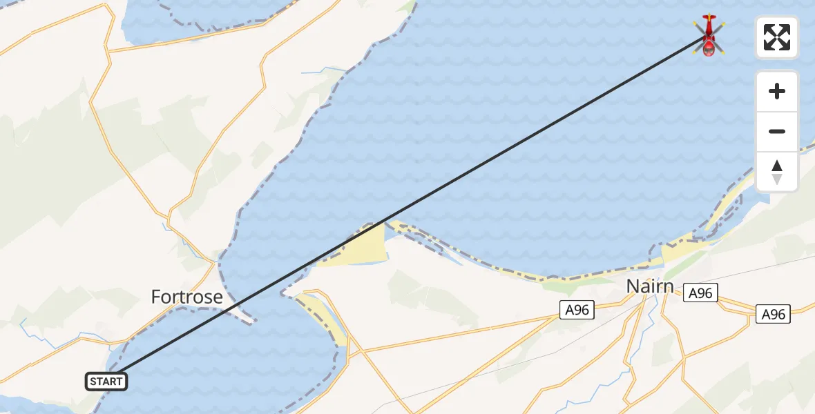 Flight path map showing Air Ambulance Helicopter route from Avoch to North Sea