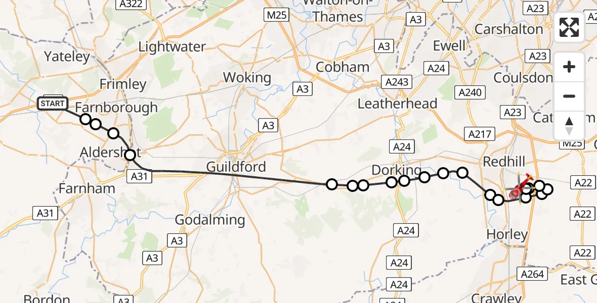 Flight path map showing Air Ambulance Helicopter route from Fleet to Redhill Aerodrome