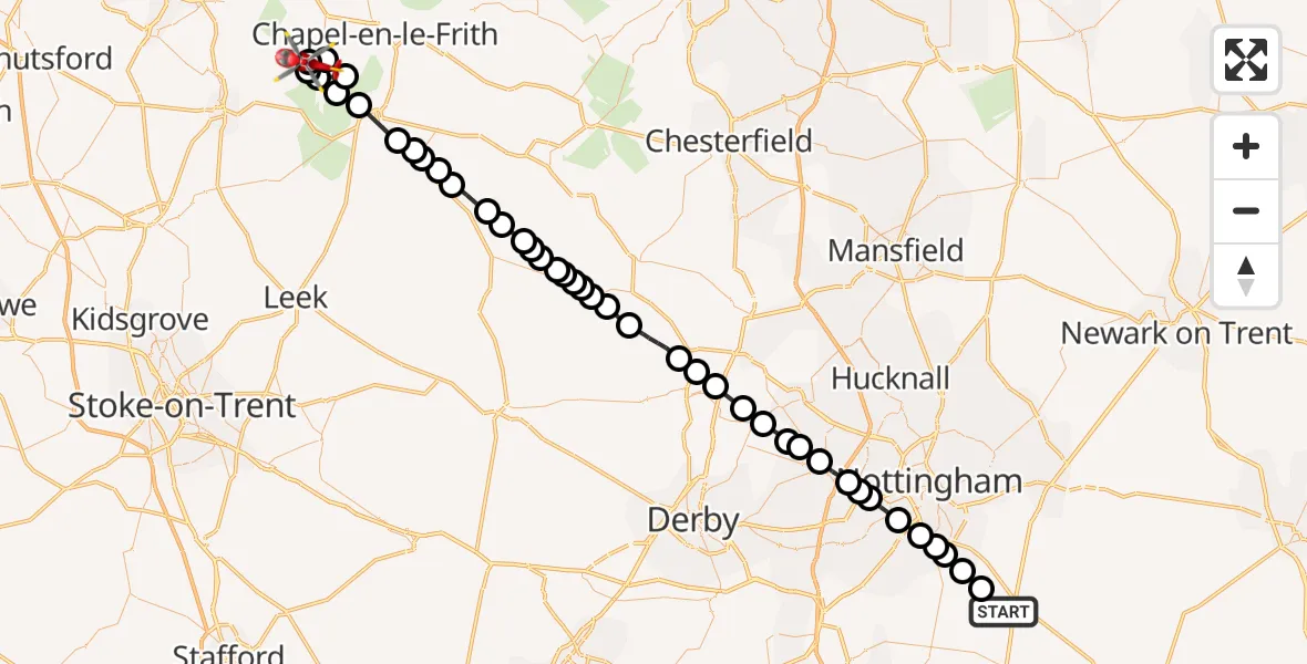 Flight path map showing Air Ambulance Helicopter route from Widmerpool to High Peak