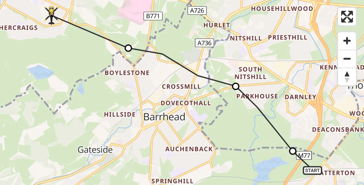 Flight path map showing Police Helicopter route from Newton Mearns to Glenburn
