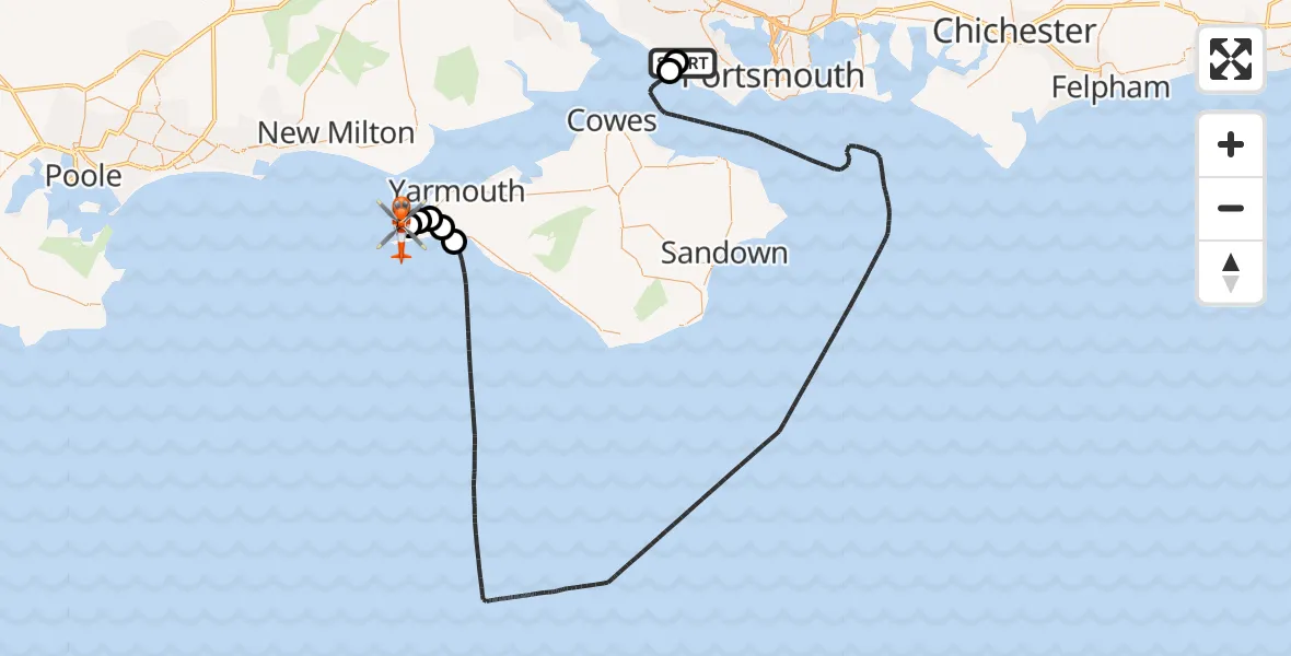 Flight path map showing Coastguard Helicopter route from Solent Airport to Totland
