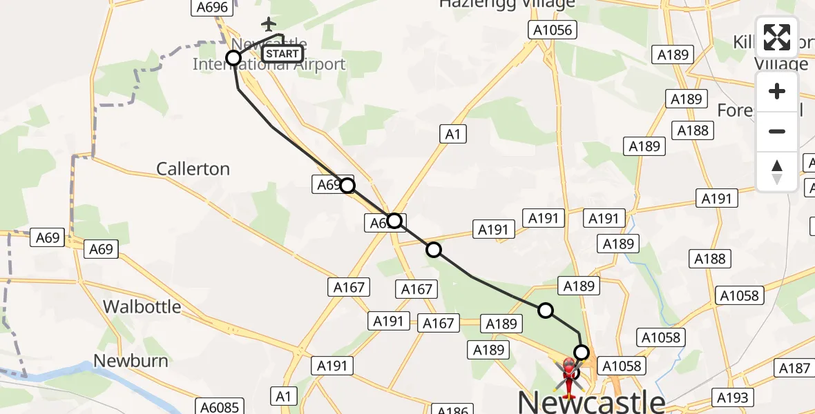 Flight path map showing Air Ambulance Helicopter route from Newcastle International Airport to Newcastle Royal Victoria Infirmary