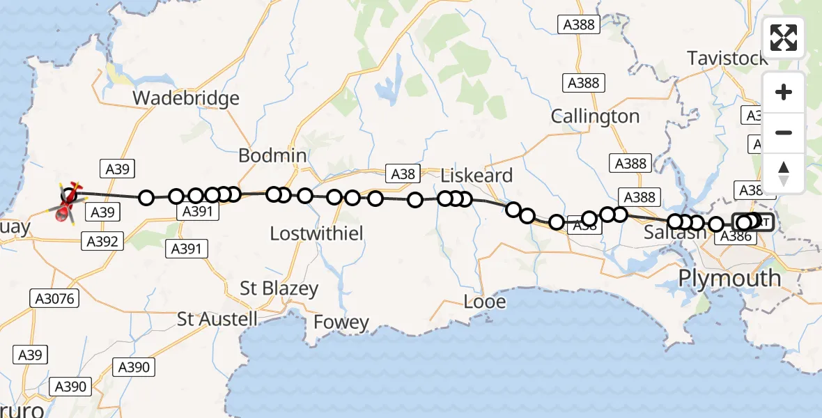 Flight path map showing Air Ambulance Helicopter route from Derriford Hospital to Cornwall Airport Newquay