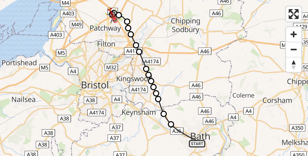 Flight path map showing Air Ambulance Helicopter route from Bath to Almondsbury Helicopter Base