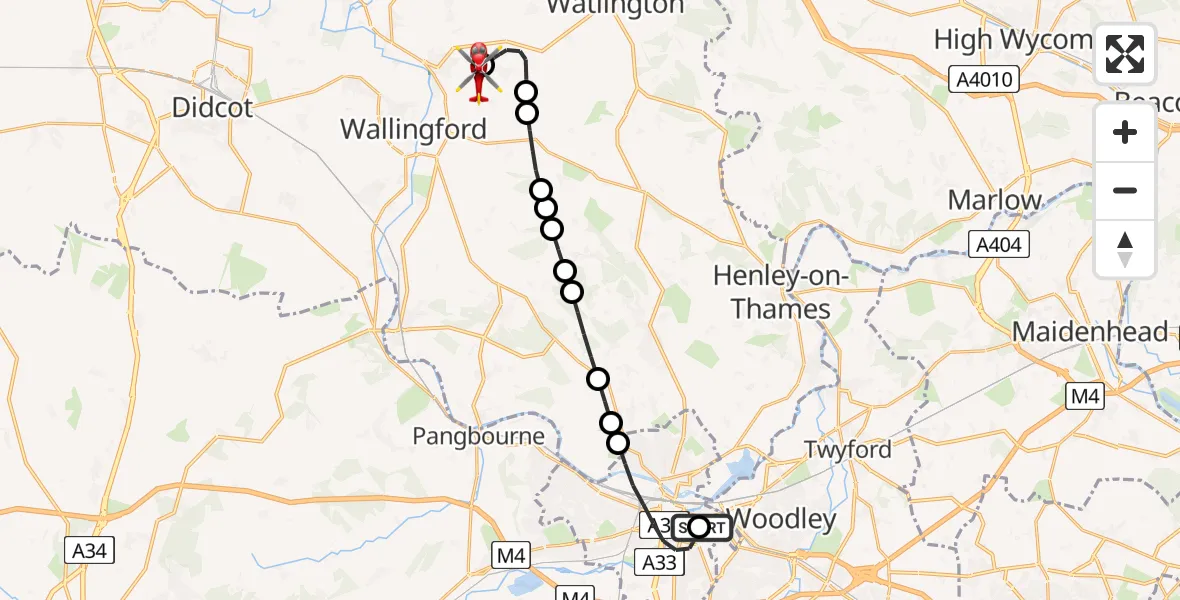 Flight path map showing Air Ambulance Helicopter route from Royal Berkshire Hospital to RAF Benson