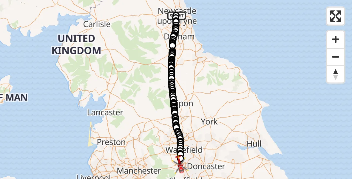 Flight path map showing Air Ambulance Helicopter route from Newcastle Royal Victoria Infirmary to Barnsley