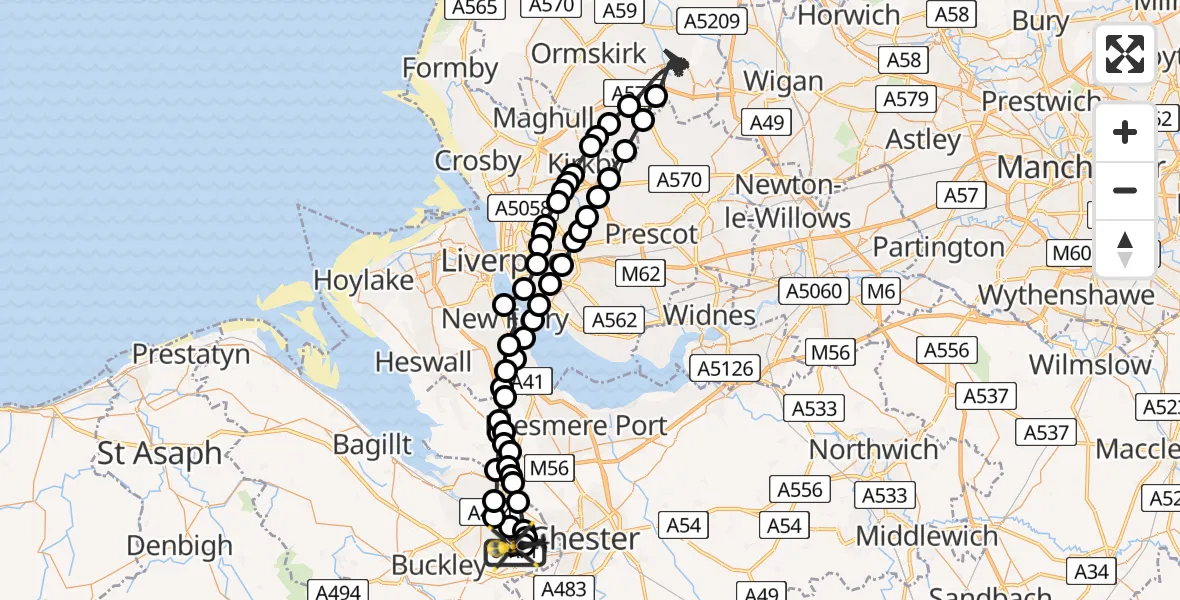 Flight path map showing Police Helicopter route from Hawarden Airport to Hawarden Airport