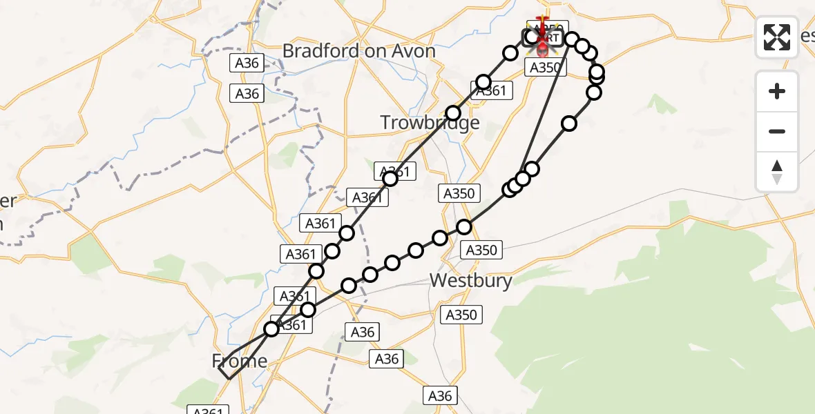 Flight path map showing Air Ambulance Helicopter route from Wiltshire Air Ambulance to Melksham