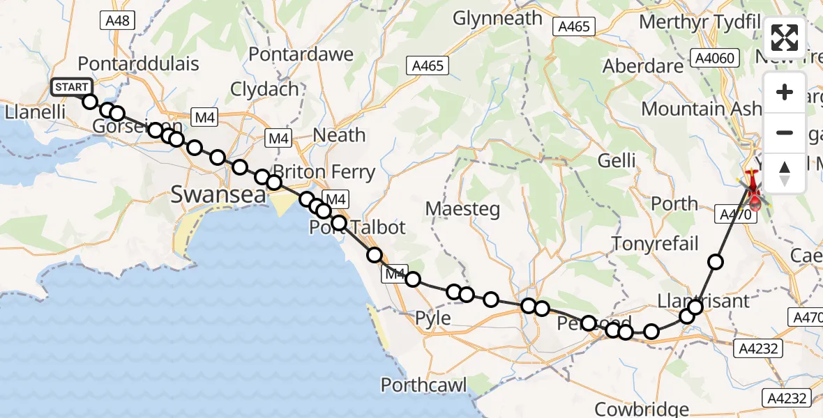 Flight path map showing Air Ambulance Helicopter route from Dafen to Pontypridd