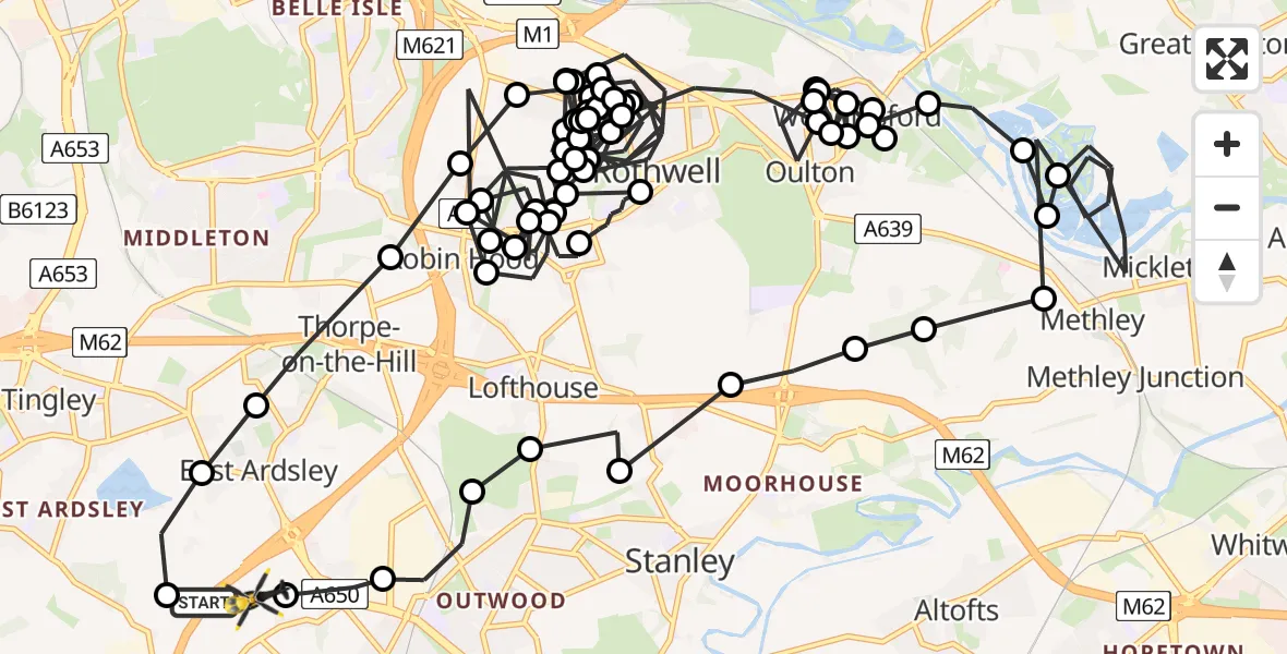 Flight path map showing Police Helicopter route from East Ardsley to East Ardsley