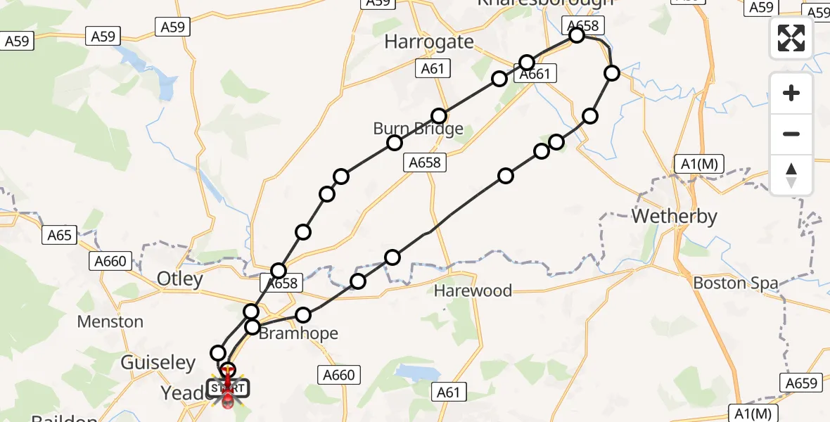 Flight path map showing Air Ambulance Helicopter route from Leeds Bradford Airport to Leeds Bradford Airport