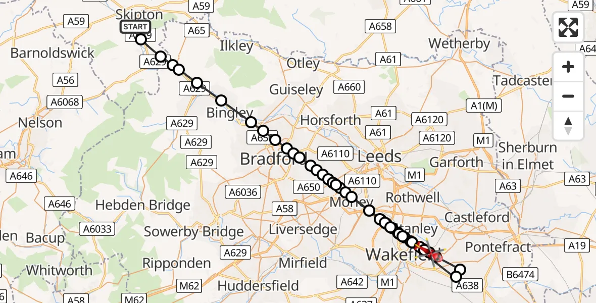 Flight path map showing Air Ambulance Helicopter route from Skipton to Kirkthorpe