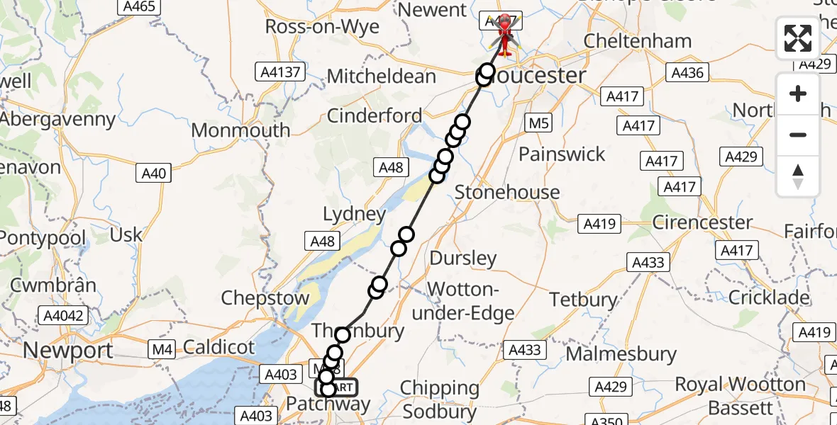 Flight path map showing Air Ambulance Helicopter route from Almondsbury Helicopter Base to Tewkesbury