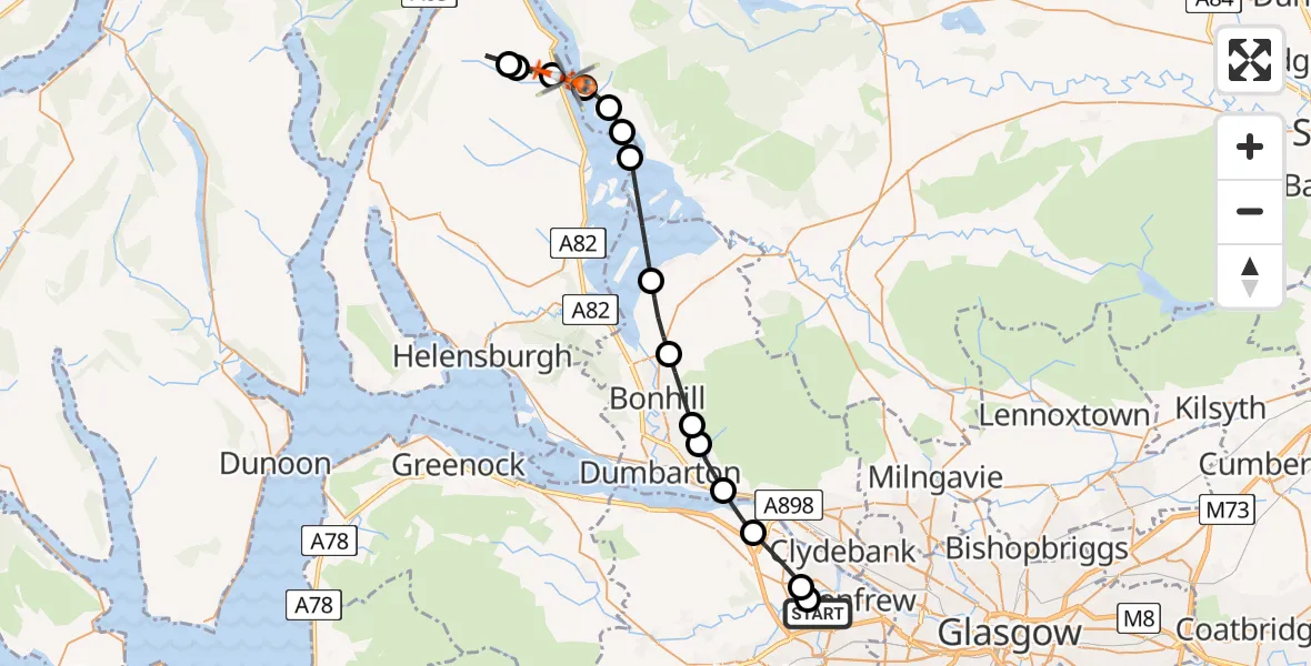 Flight path map showing Coastguard Helicopter route from Glasgow Airport to Loch Lomond