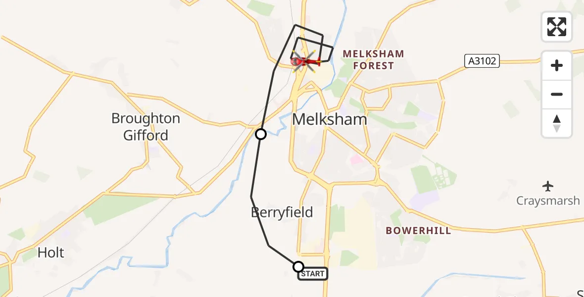 Flight path map showing Air Ambulance Helicopter route from Wiltshire Air Ambulance to Melksham