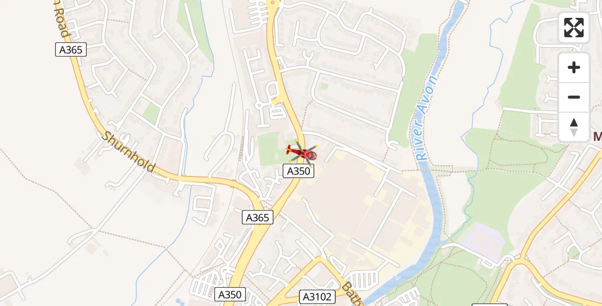 Flight path map showing Air Ambulance Helicopter route from Melksham to Melksham