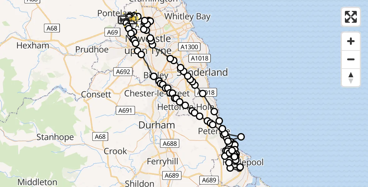 Flight path map showing Police Helicopter route from Newcastle International Airport to Newcastle International Airport