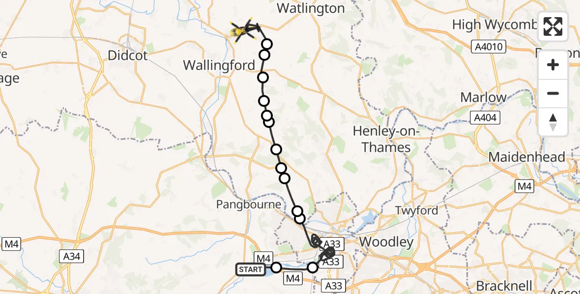 Flight path map showing Police Helicopter route from Theale to Ewelme