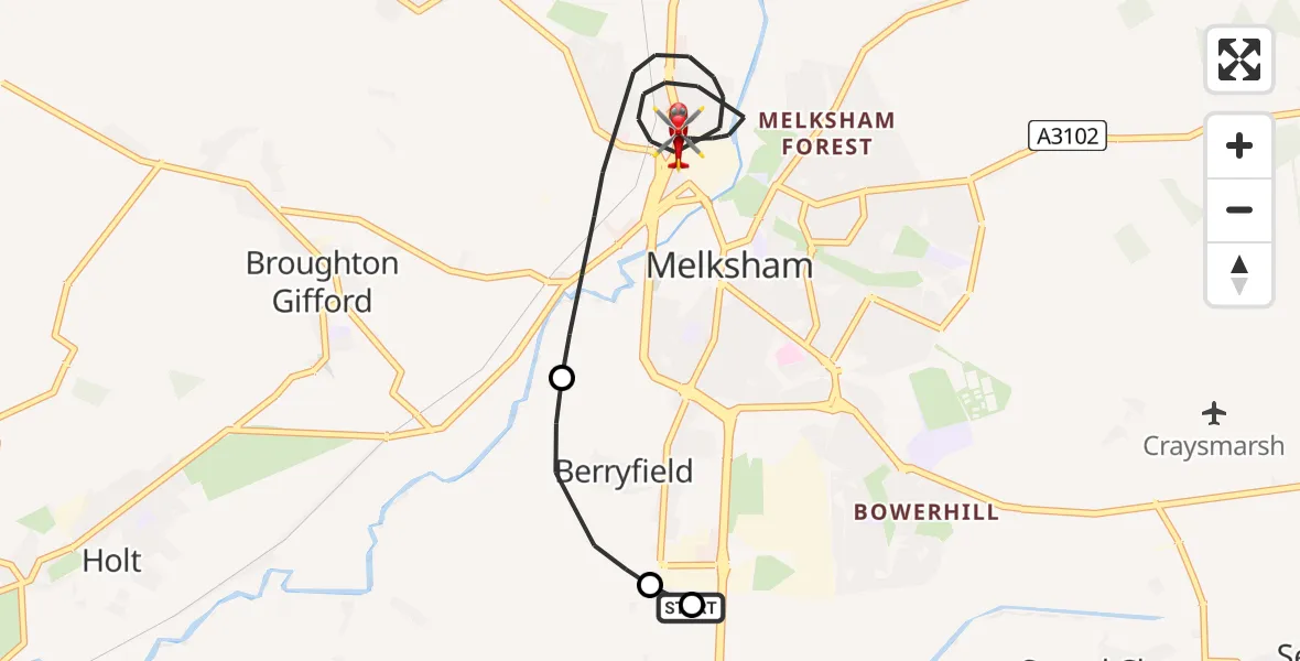 Flight path map showing Air Ambulance Helicopter route from Wiltshire Air Ambulance to Melksham