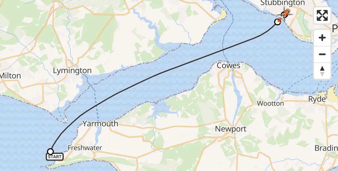 Flight path map showing Coastguard Helicopter route from Totland to Solent Airport