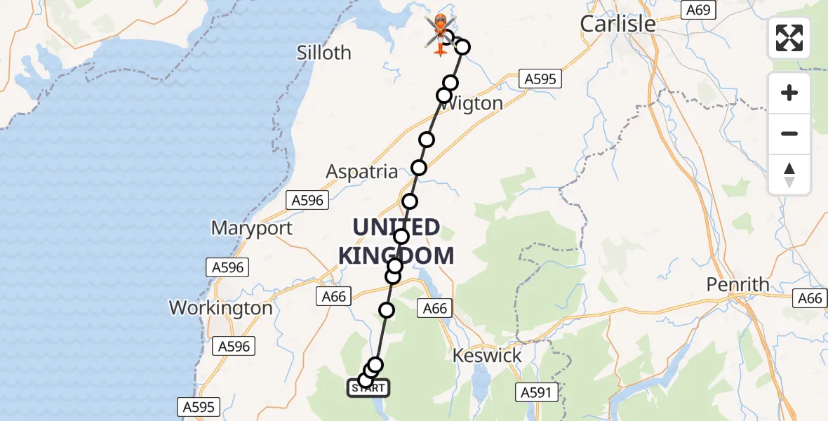 Flight path map showing Coastguard Helicopter route from Buttermere to Kirkbride Airfield