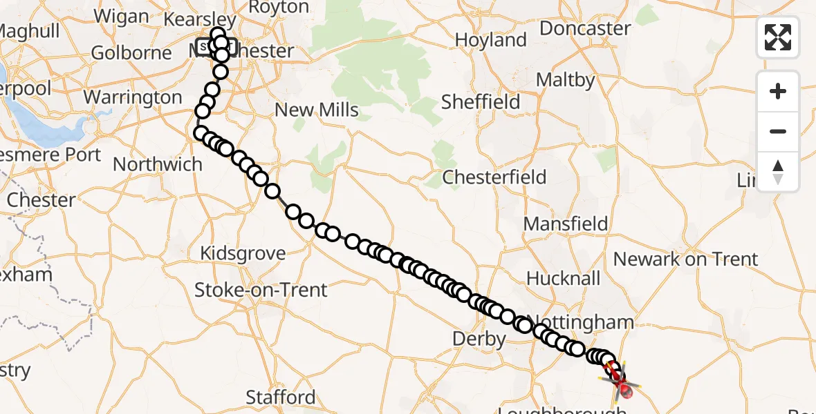 Flight path map showing Air Ambulance Helicopter route from Eccles to Nottingham Heliport