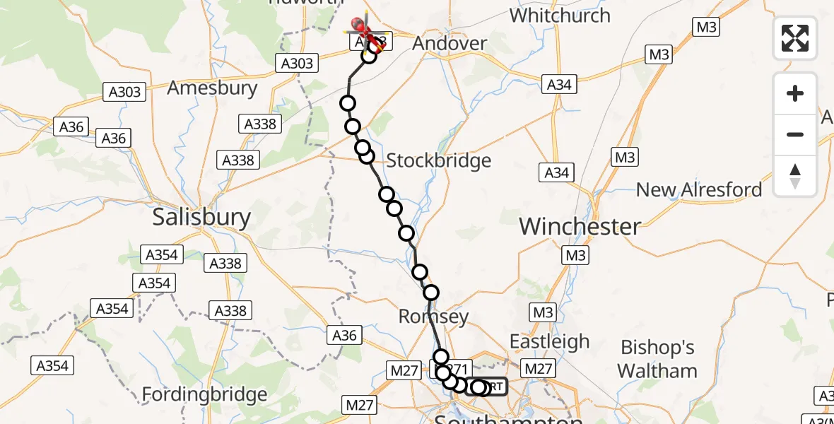 Flight path map showing Air Ambulance Helicopter route from University Hospital Southampton to Fyfield