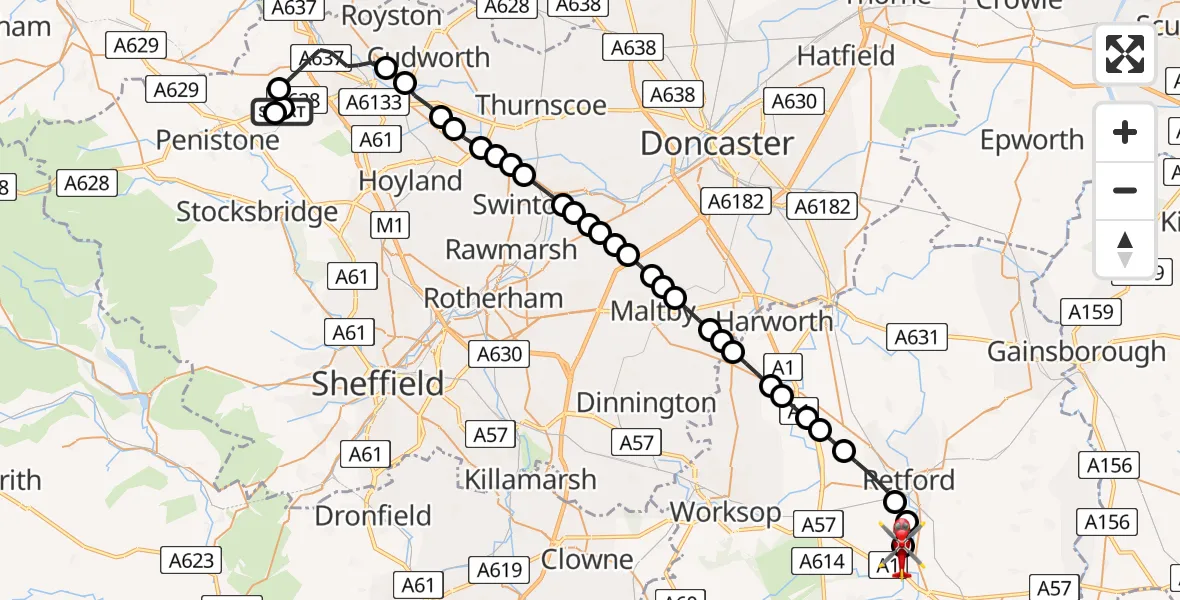 Flight path map showing Air Ambulance Helicopter route from Barnsley to Retford Gamston Airport