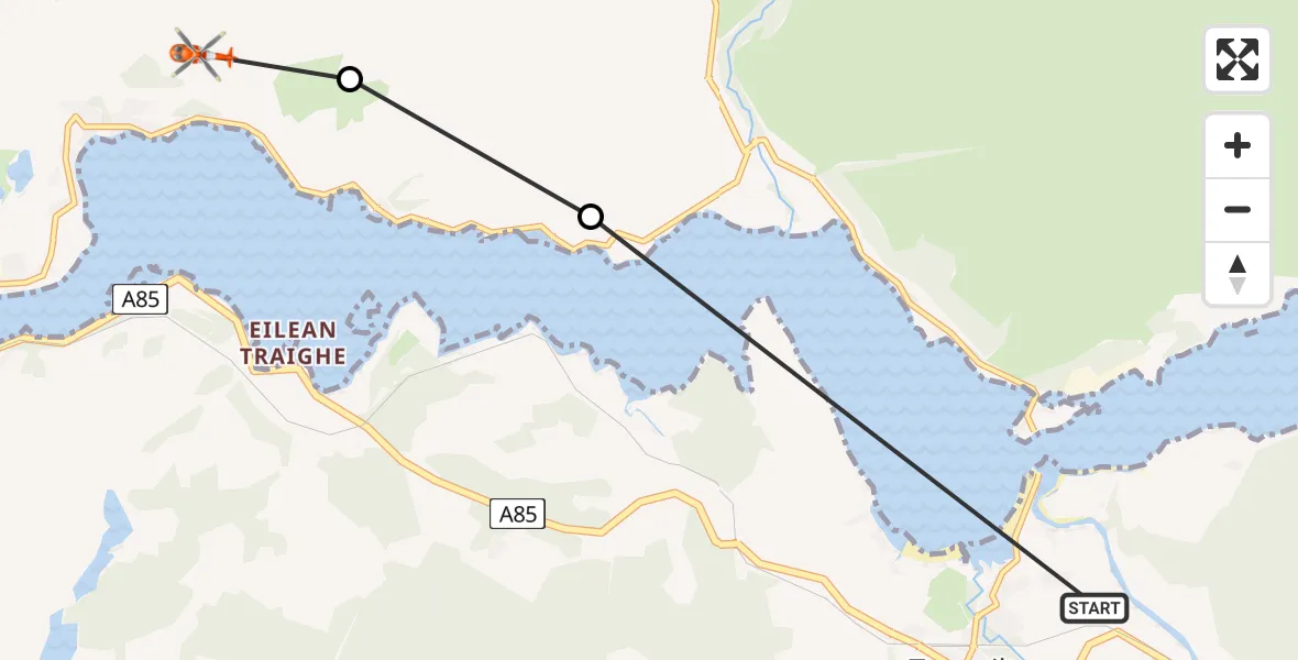 Flight path map showing Coastguard Helicopter route from Taynuilt to Argyll and Bute
