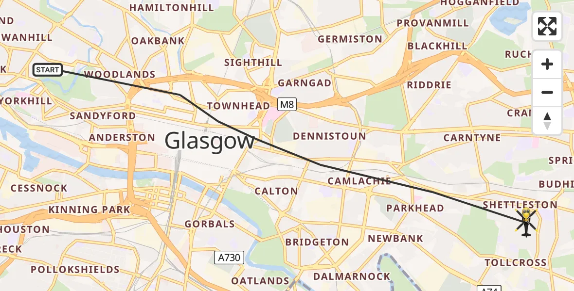 Flight path map showing Police Helicopter route from Glasgow to Glasgow