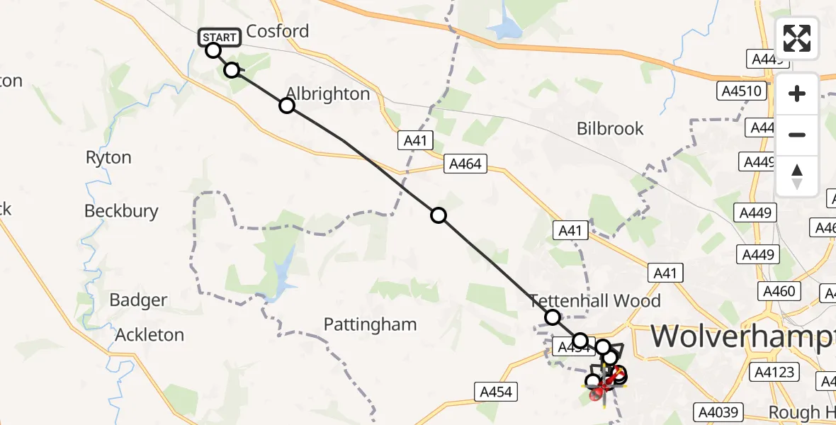 Routekaart van de vlucht: Air Ambulance Helicopter to Merryhill, School Close