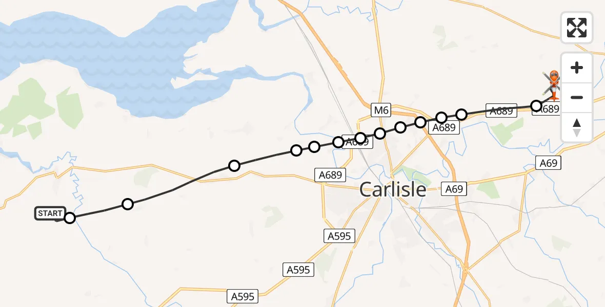 Flight path map showing Coastguard Helicopter route from Kirkbride Airfield to Carlisle Lake District Airport