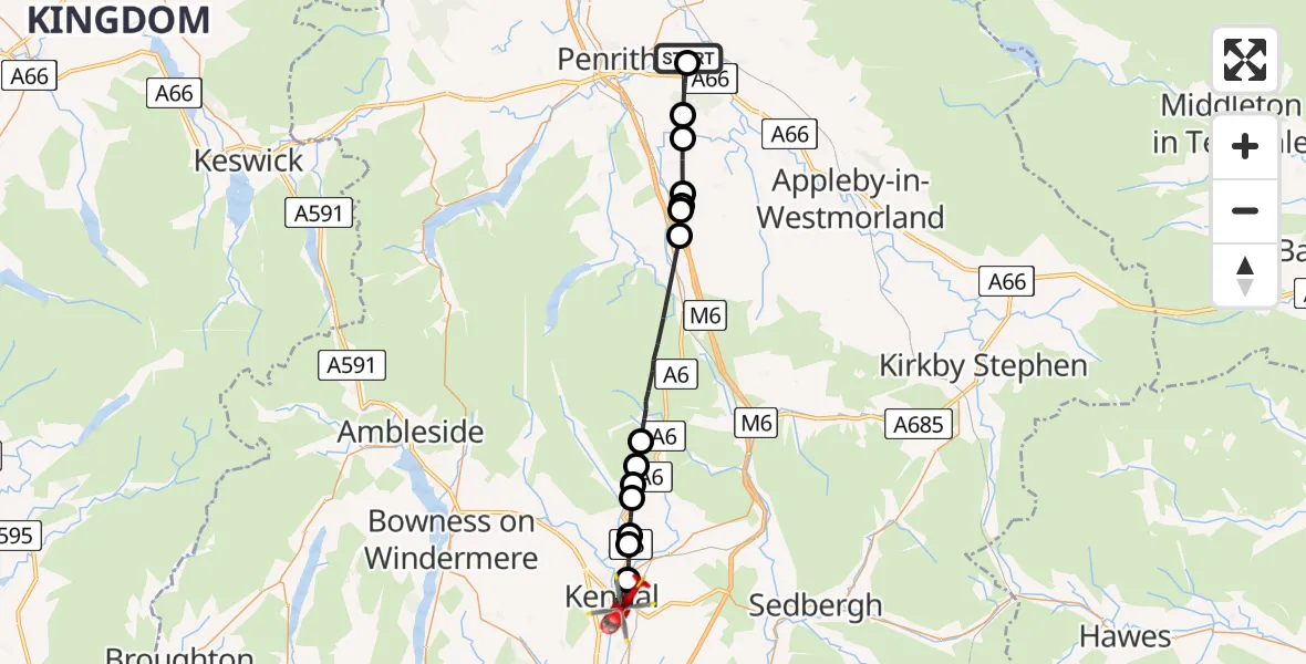 Flight path map showing Air Ambulance Helicopter route from Edenhall to Kendal