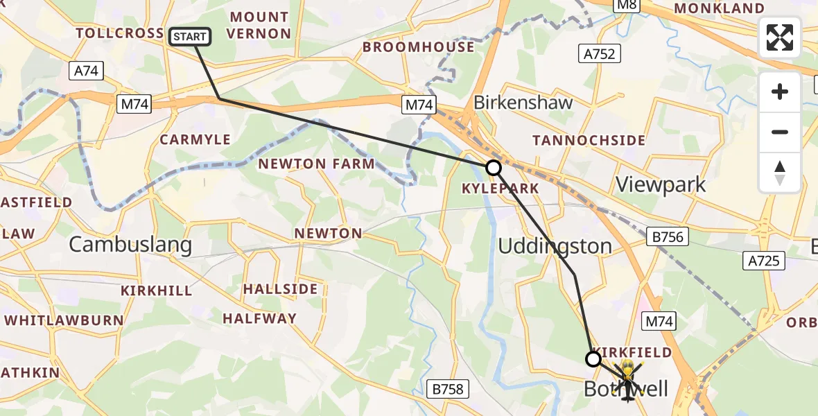 Flight path map showing Police Helicopter route from Glasgow to Bothwell