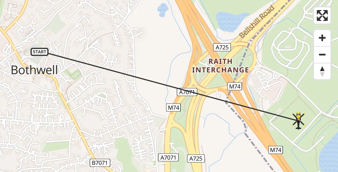 Flight path map showing Police Helicopter route from Glasgow to Viewpark