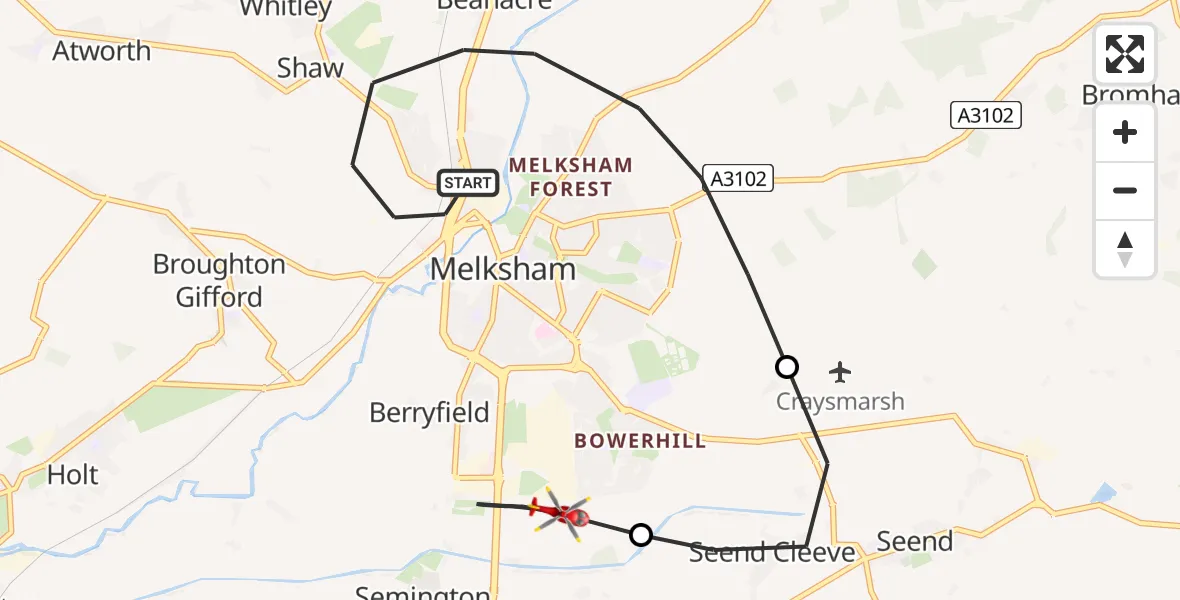Flight path map showing Air Ambulance Helicopter route from Melksham to Melksham