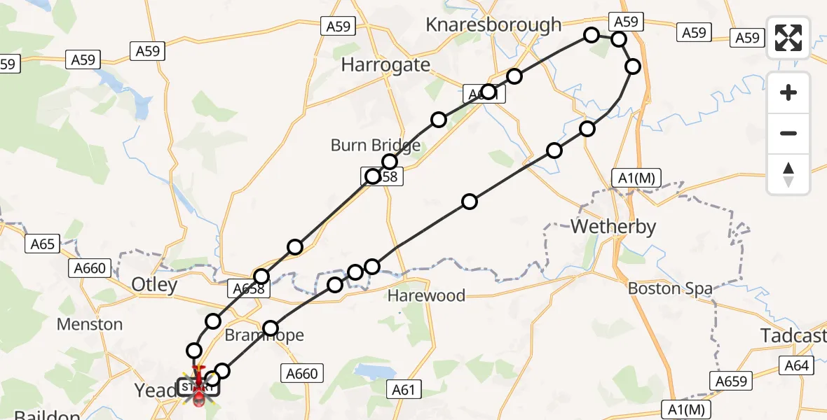 Flight path map showing Air Ambulance Helicopter route from Leeds Bradford Airport to Leeds Bradford Airport