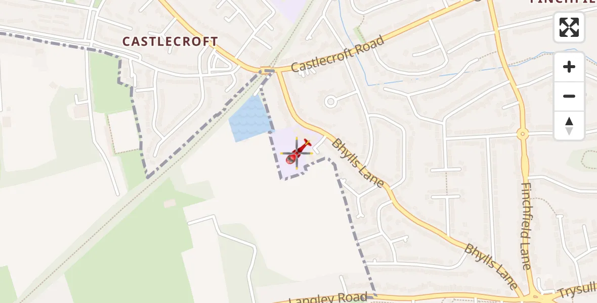 Flight path map showing Air Ambulance Helicopter route from Castlecroft to Castlecroft