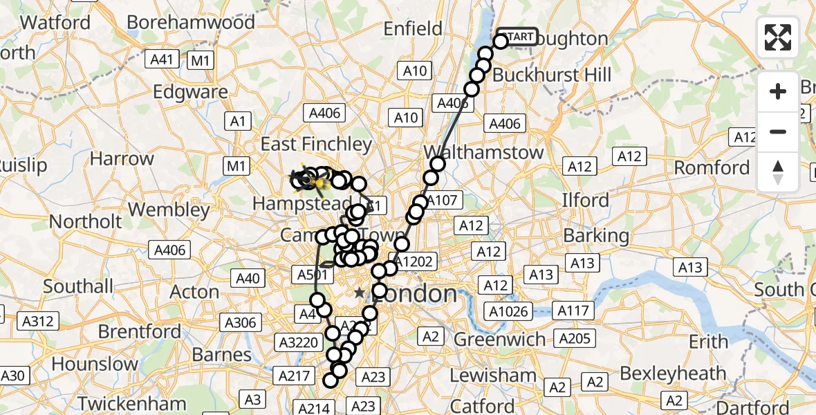 Flight path map showing Police Helicopter route from Sewardstonebury to Highgate