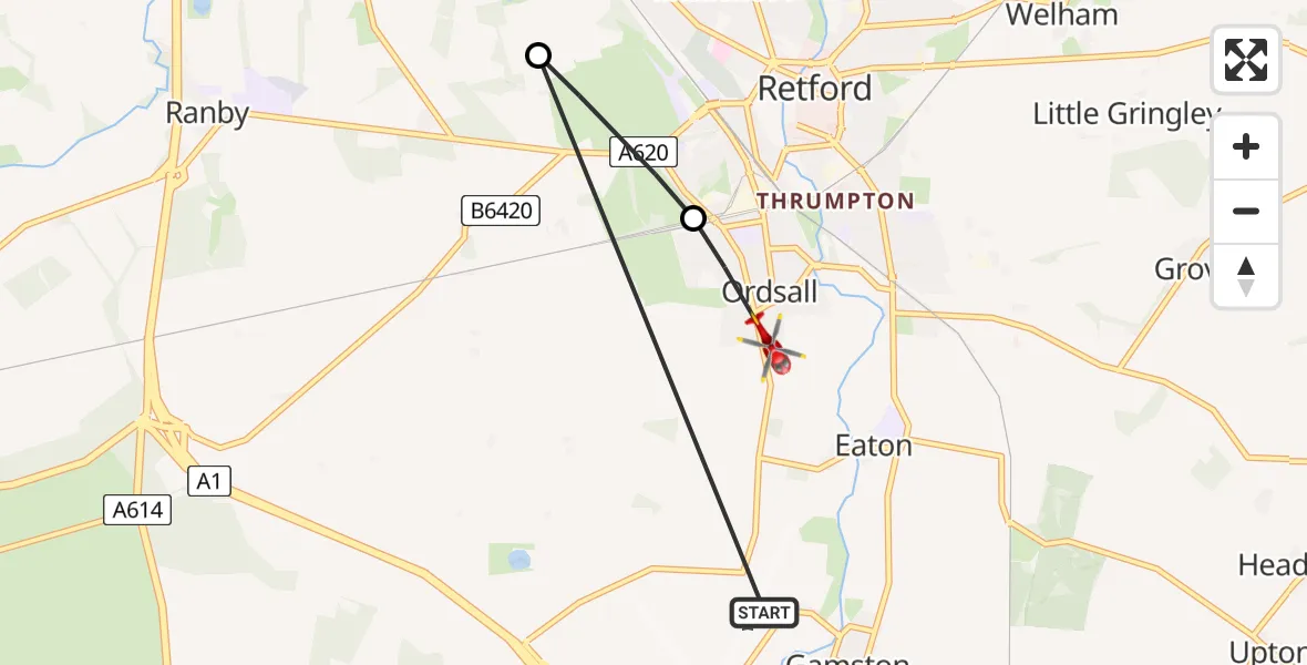 Flight path map showing Air Ambulance Helicopter route from Retford Gamston Airport to Ordsall