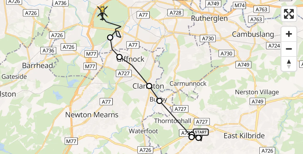 Flight path map showing Police Helicopter route from East Kilbride to Glasgow