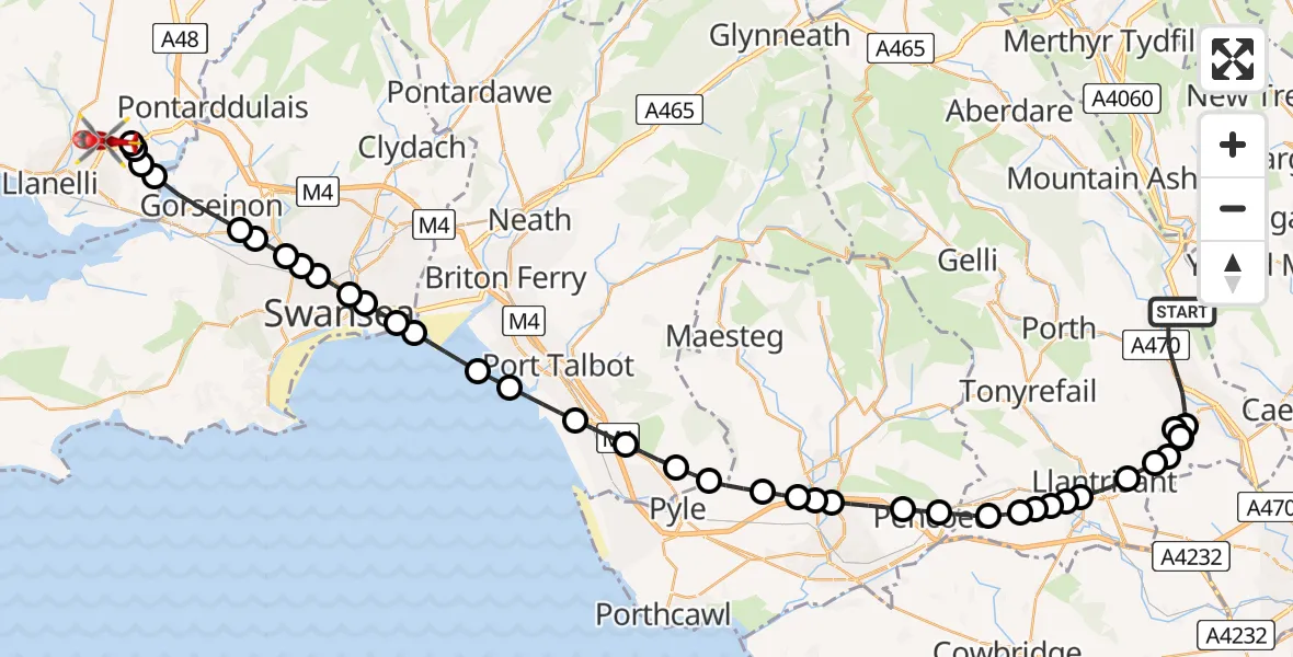 Flight path map showing Air Ambulance Helicopter route from Pontypridd to Dafen